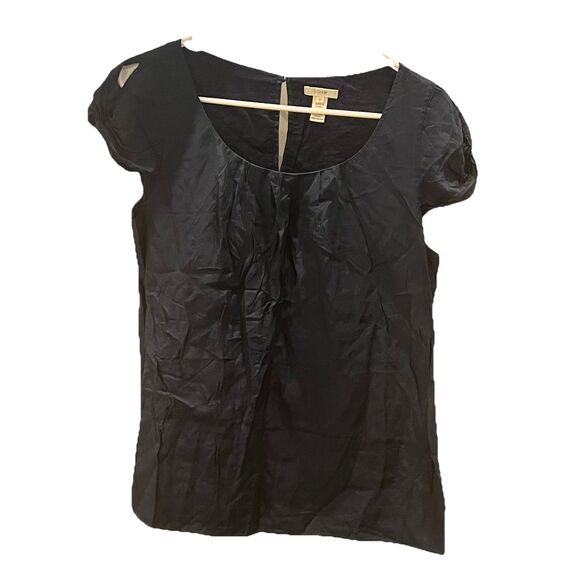 J.CREW Gathered  Pintuck Neck Cap Sleeve Top Navy 12 Silk Cotton Blend Blouse - Picture 1 of 8